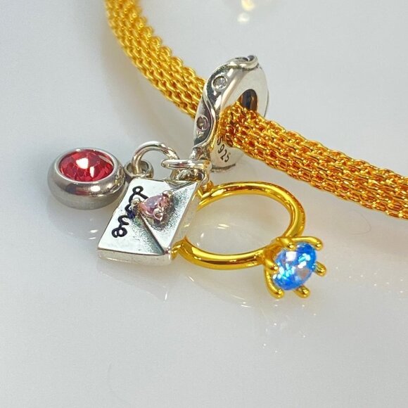 Sterling Silver Engagement Ring & Love Letter with Birthstone Dangle Charm - Picture 2 of 6